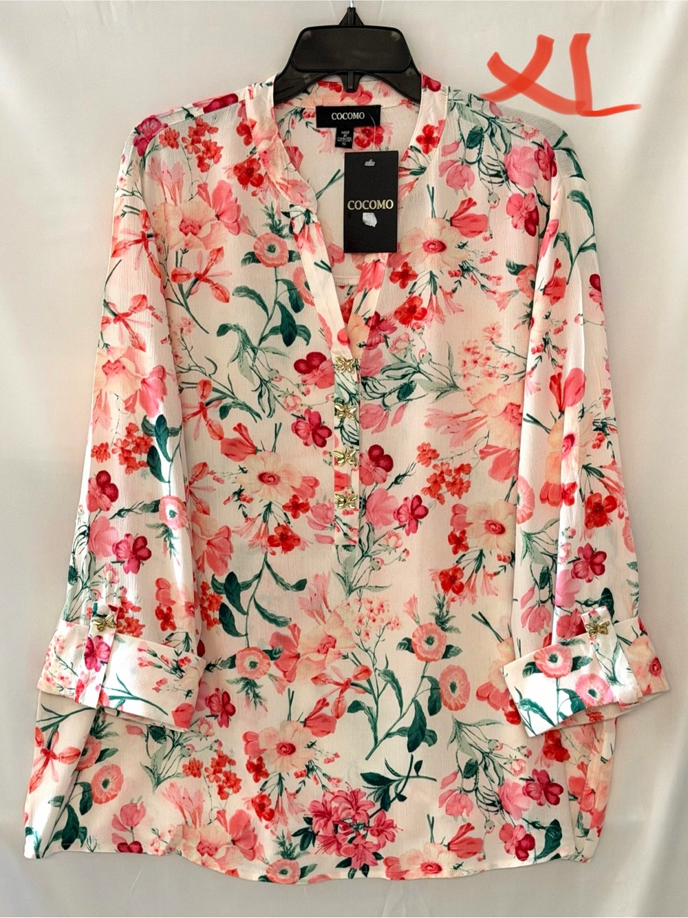 Cocomo Cream Floral Roll-Tab Blouse with Pink & Green Print